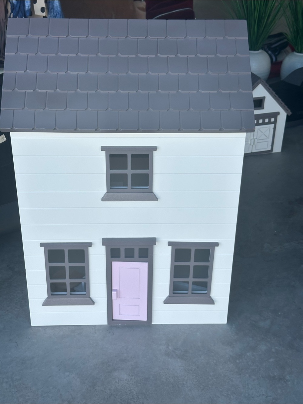 White Dollhouse with Gray Trim and Light Pink Door- Pottery Barn
